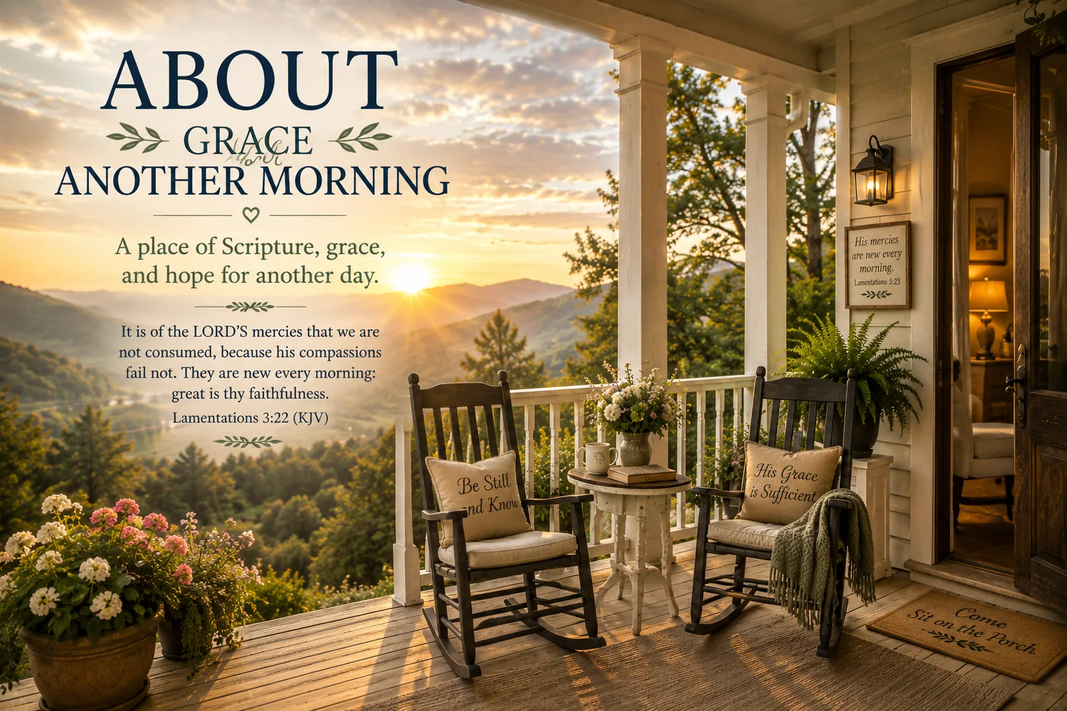 Two rocking chairs on a welcoming mountain porch in warm morning light.
