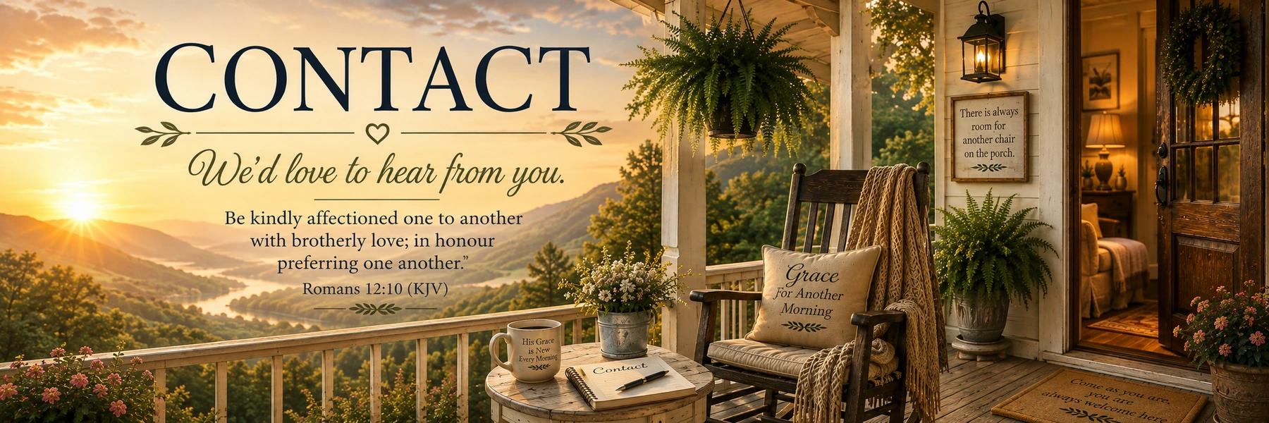 Warm sunrise porch with rocking chair, open doorway, and a welcoming Contact message.