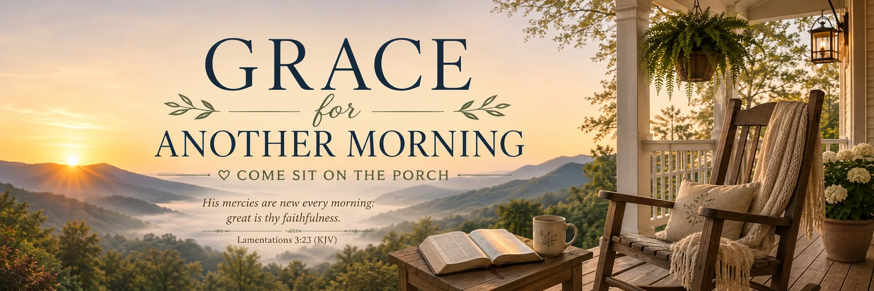 Sunrise over misty mountains viewed from a welcoming porch with a rocking chair, open Bible, and morning cup.