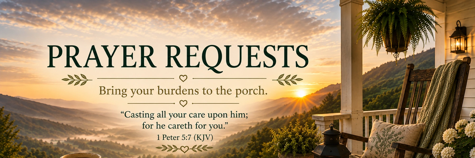 Prayer Requests banner with an open Bible, prayer notebook, lantern, and quiet mountain porch at sunrise.