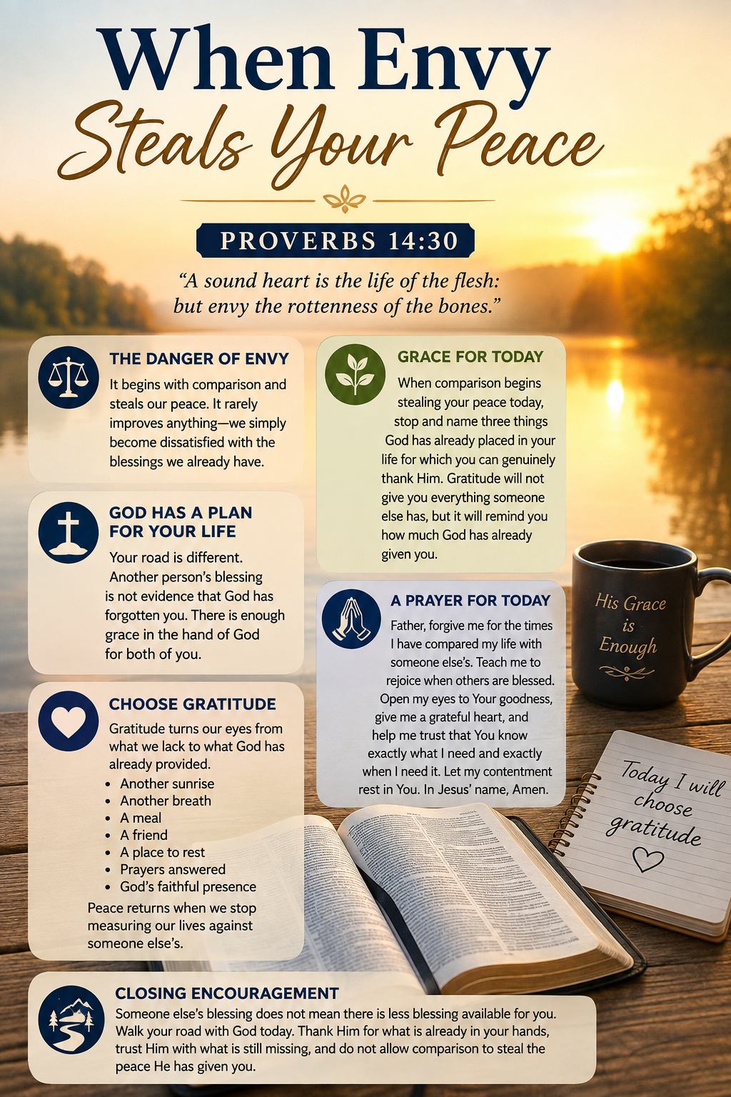 Sunrise devotional graphic titled “When Envy Steals Your Peace” with Proverbs 14:30, an open Bible, coffee mug, gratitude notebook, and sections about envy, gratitude, prayer, and encouragement.