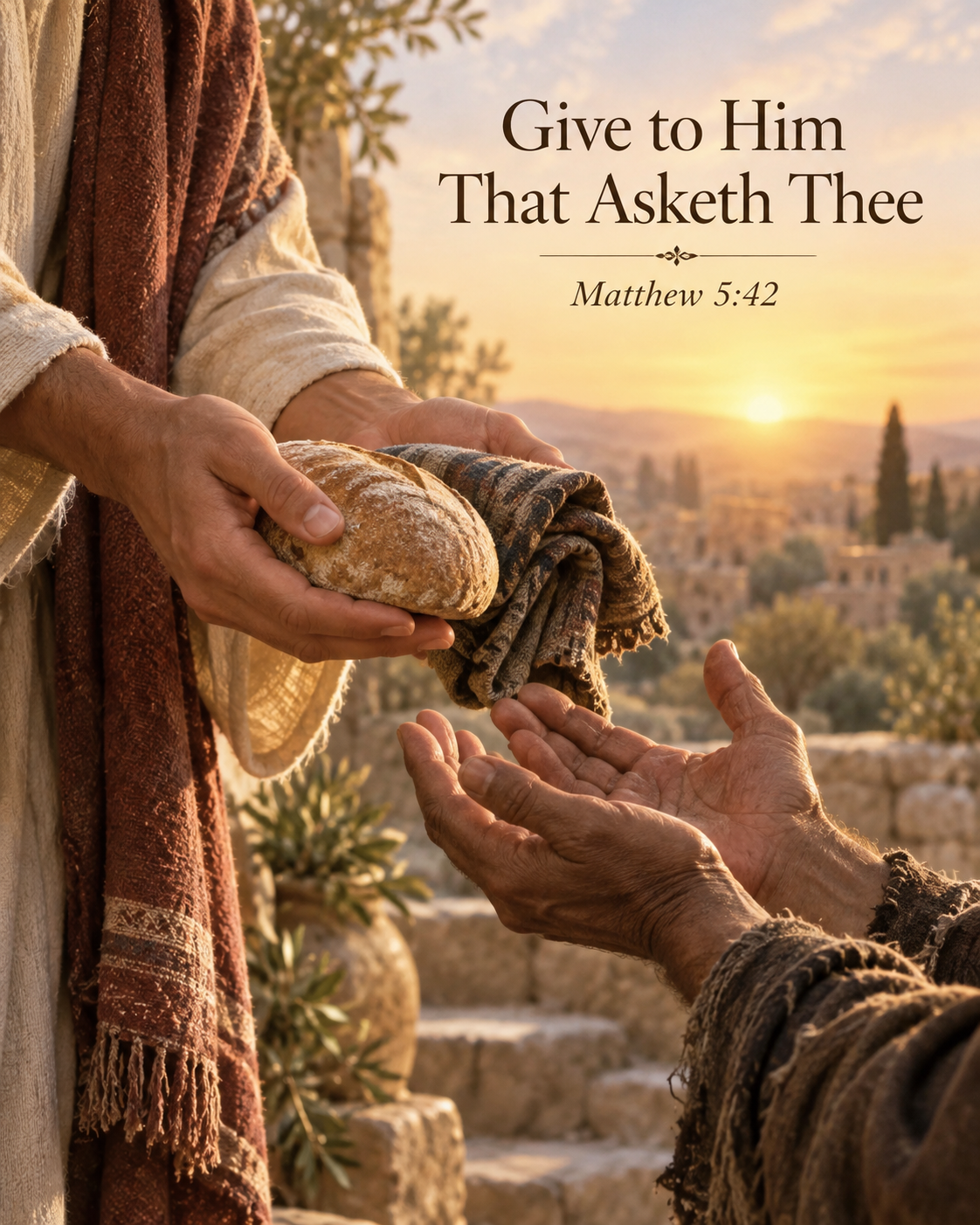 “Give to Him That Asketh Thee — Matthew 5:42.” A warm sunrise devotional image shows one person offering a loaf of bread and folded cloth to another person reaching out with open hands, symbolizing generosity, compassion, and willingness to share what God has provided.