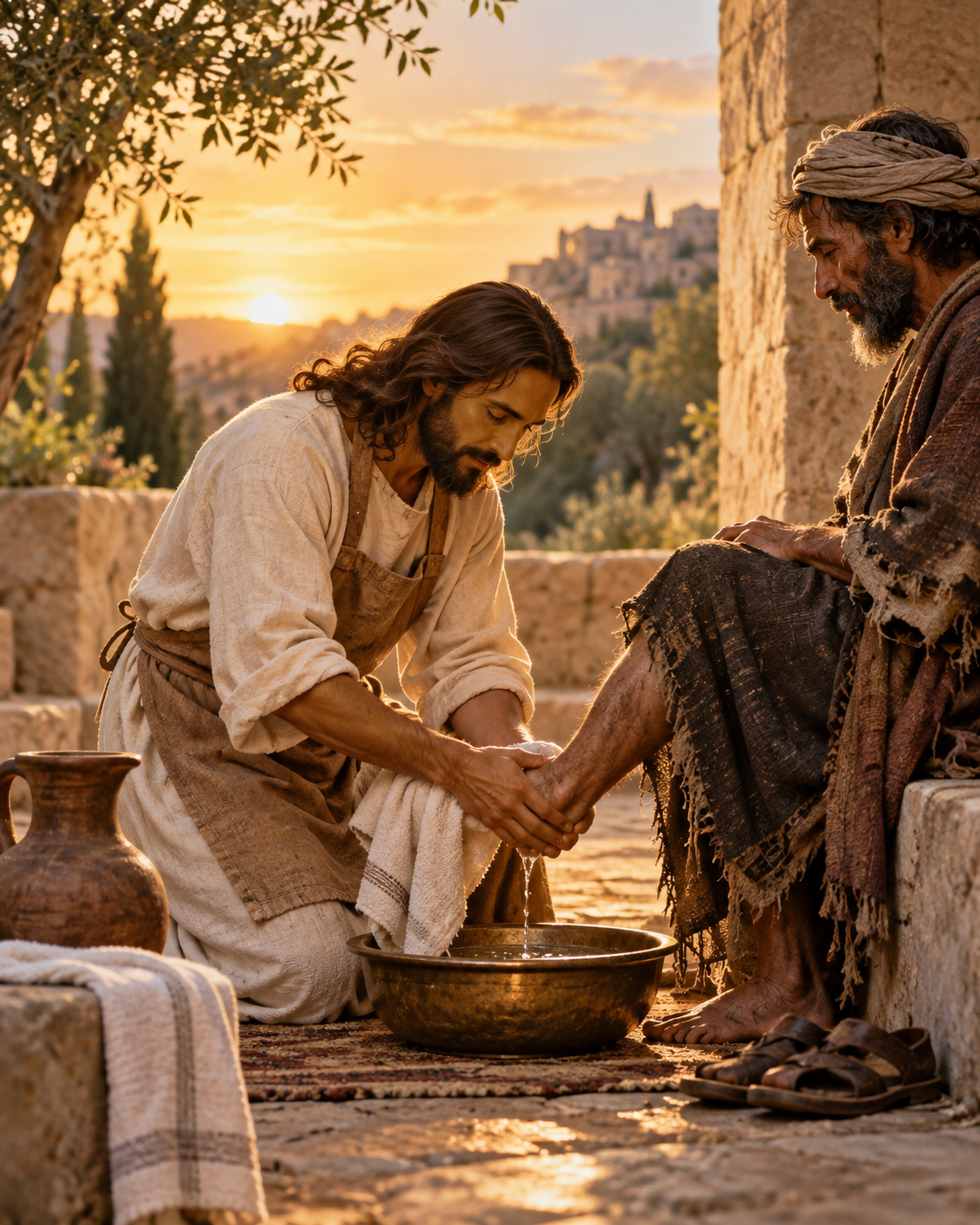 Jesus kneeling in humble service to wash the feet of a weary man, illustrating Matthew 20:26–28 and the teaching that true greatness is found in serving others.