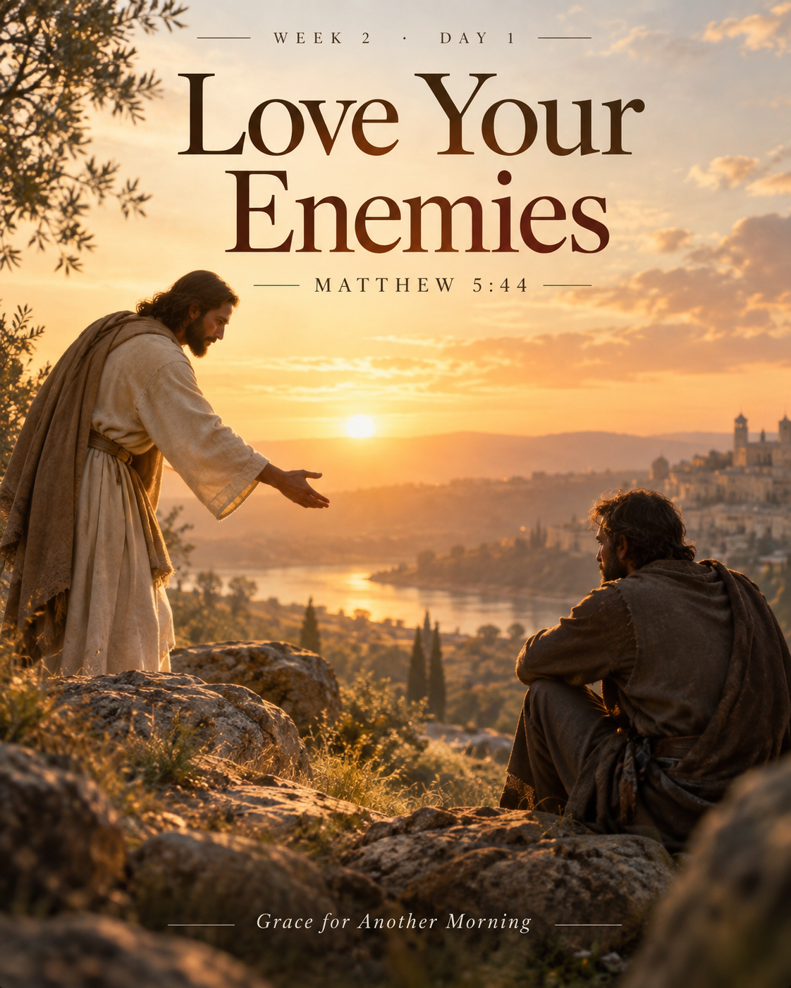 Jesus extending a hand toward a seated man on a rocky hillside at sunrise, illustrating the command to love your enemies from Matthew 5:44.