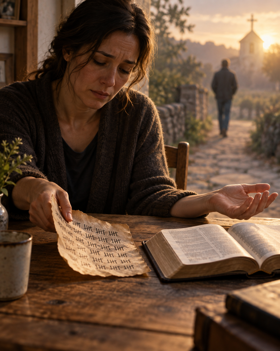 A woman sits at a wooden table beside an open Bible, releasing a paper covered with tally marks while a man walks away in the distance, symbolizing forgiveness and letting go of repeated offenses.