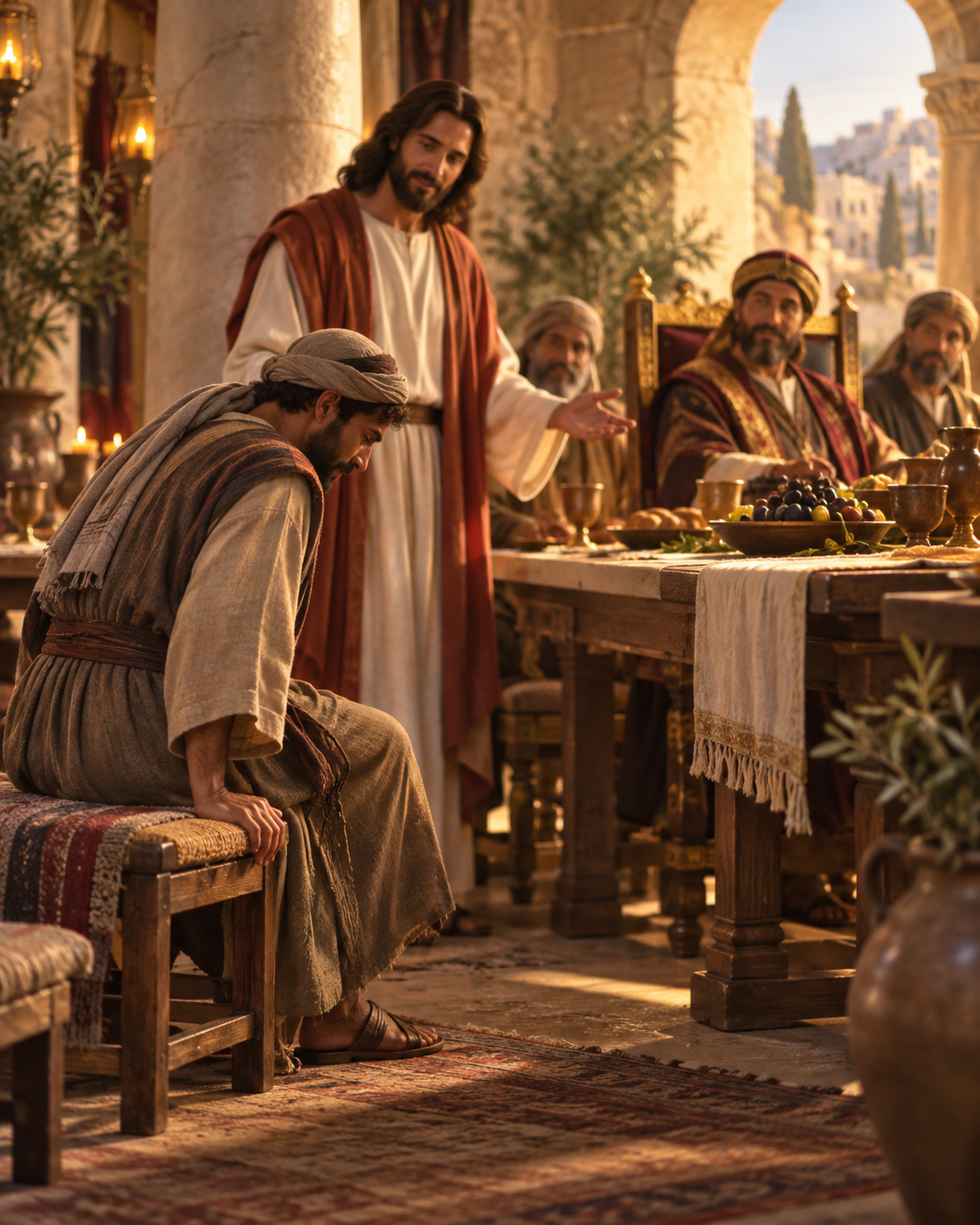 Jesus teaching at a banquet as a humble guest chooses a lower seat, illustrating Luke 14:8–11 and Christ’s call to humility rather than seeking status or recognition.
