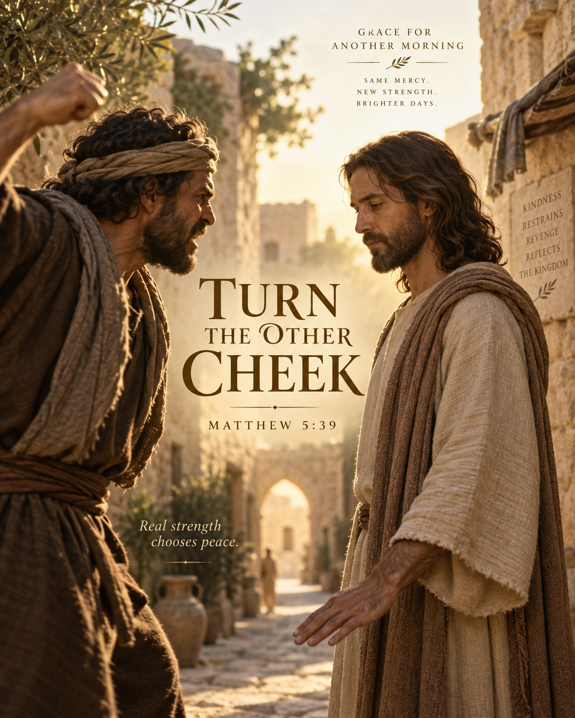 Biblical-era scene illustrating Matthew 5:39, with an angry man raising his fist while a calm man refuses to retaliate, under the title “Turn the Other Cheek.”