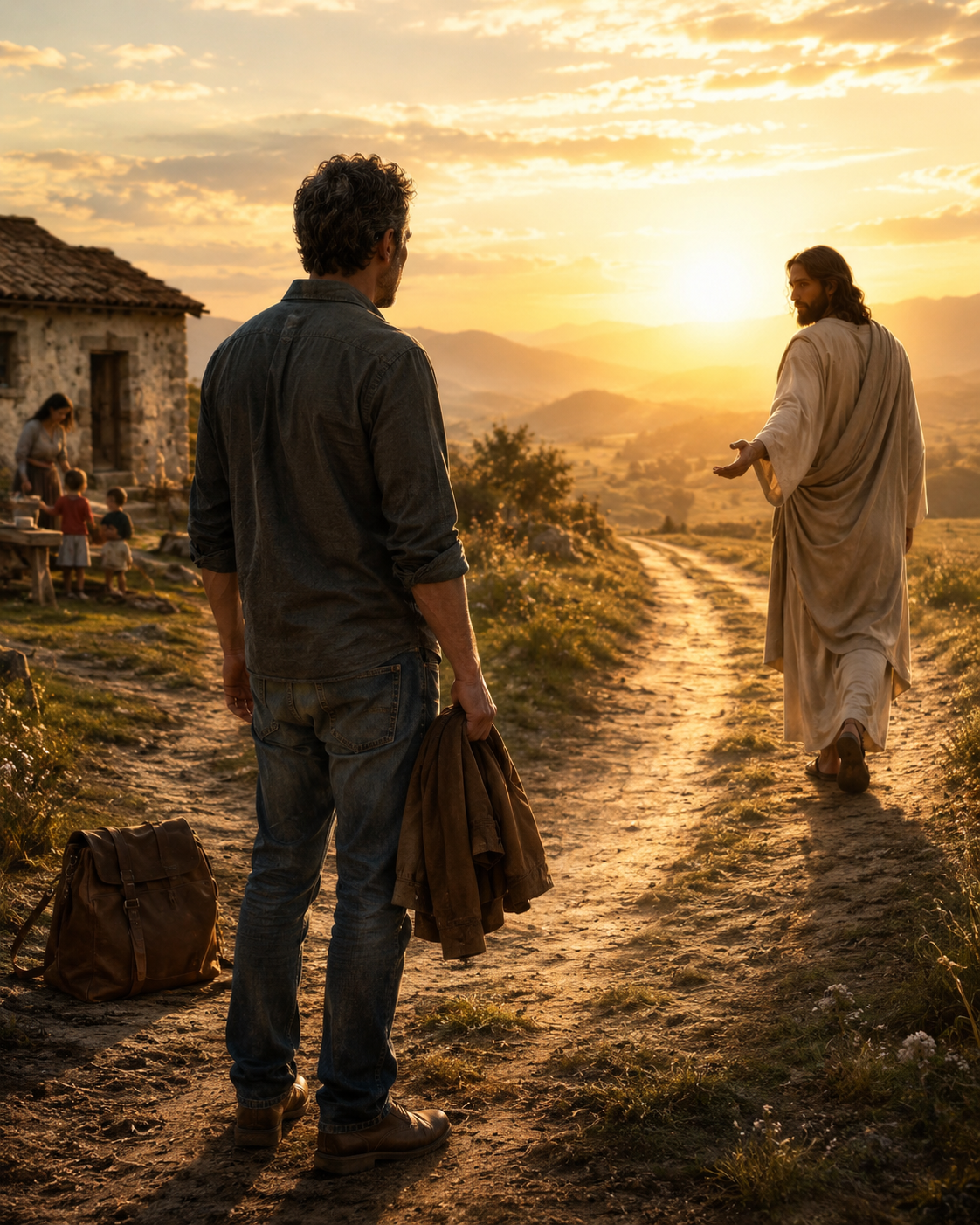 Jesus walking along a sunlit path and inviting a man to follow, while the man stands between the road ahead and the responsibilities of home and family behind him.