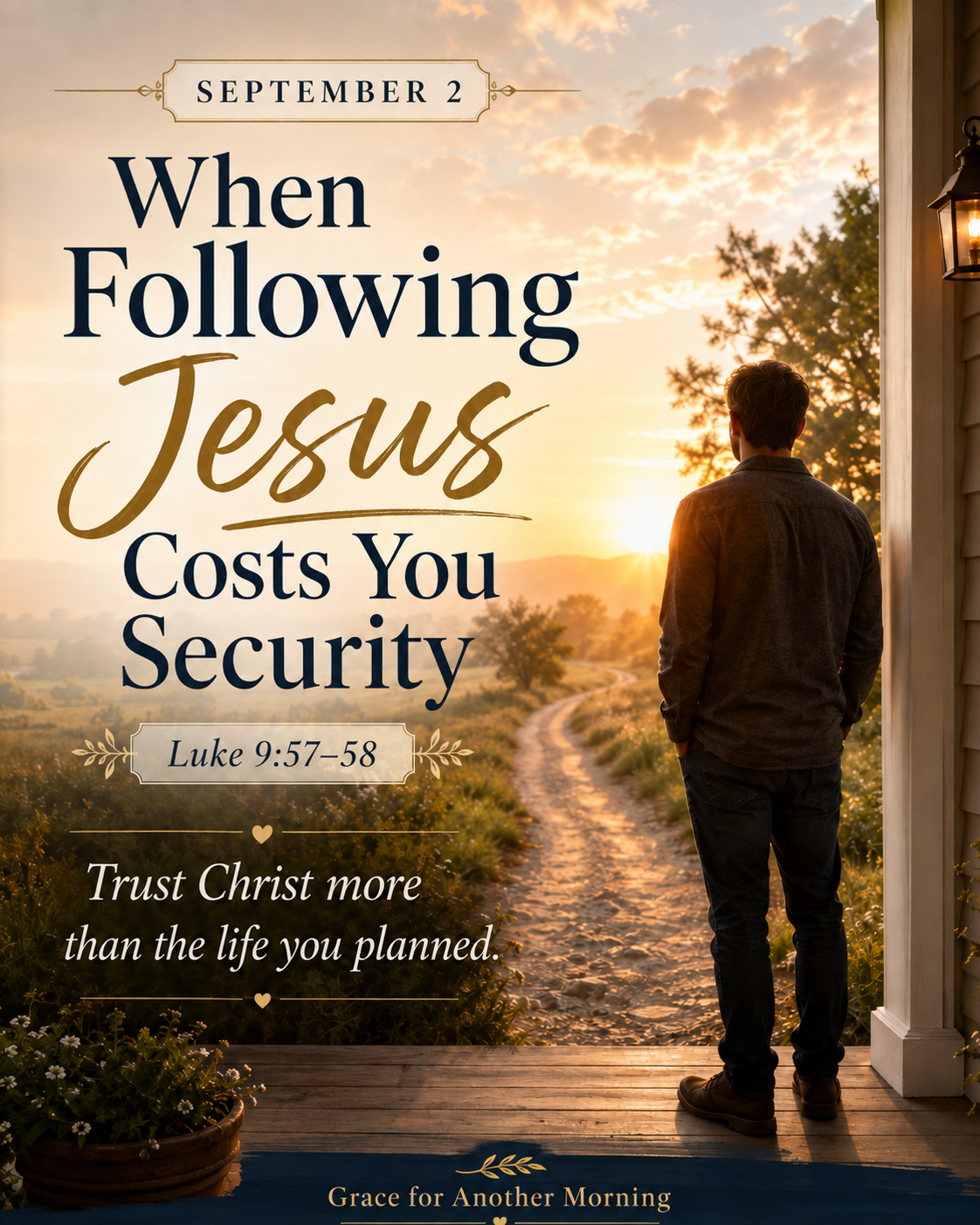 September 2 devotional image showing a man standing on a porch at sunrise, looking toward a winding path, with the words “When Following Jesus Costs You Security” and Luke 9:57–58.