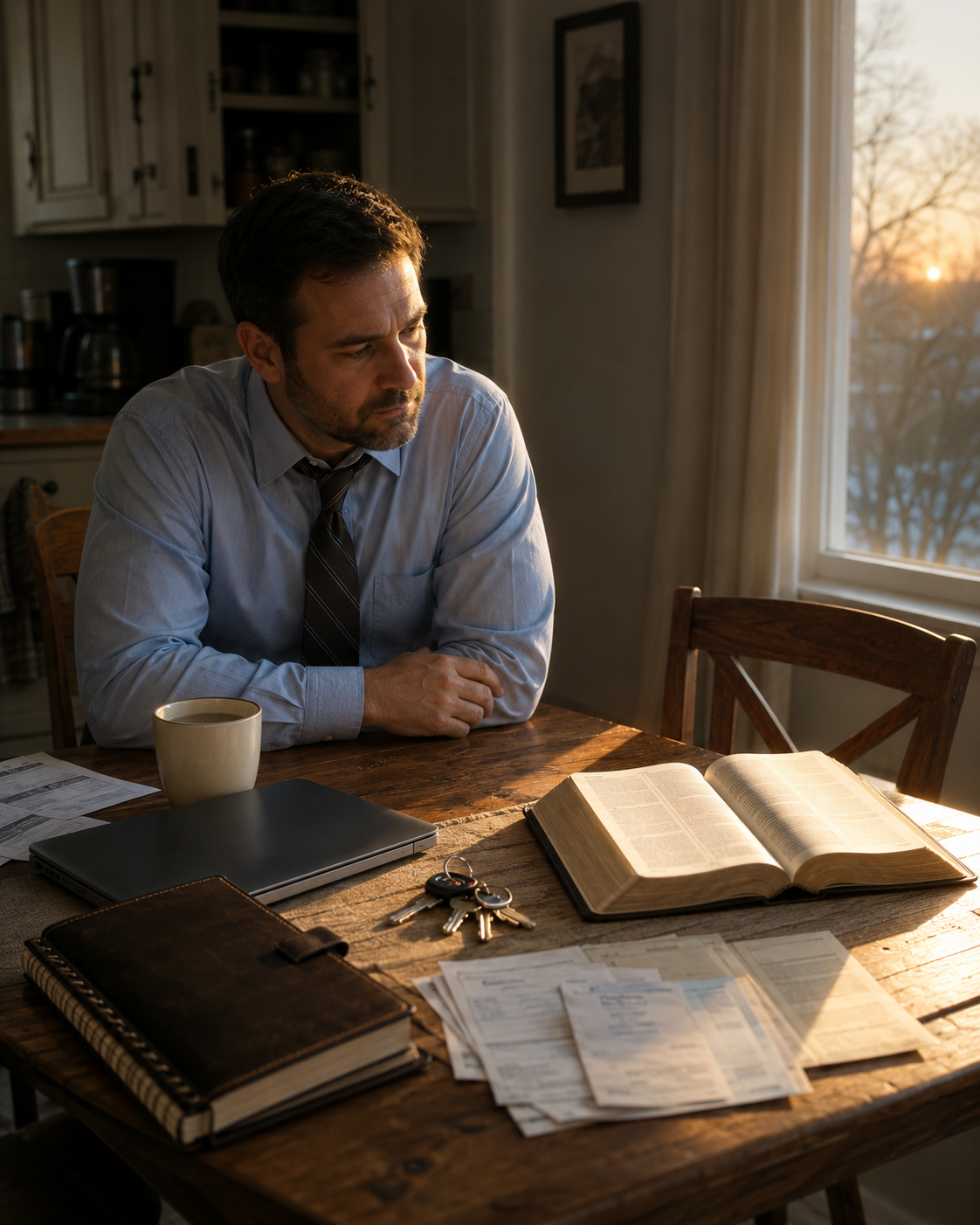 A man sits thoughtfully at a kitchen table before work, surrounded by bills, keys, a laptop, and an open Bible illuminated by morning sunligh