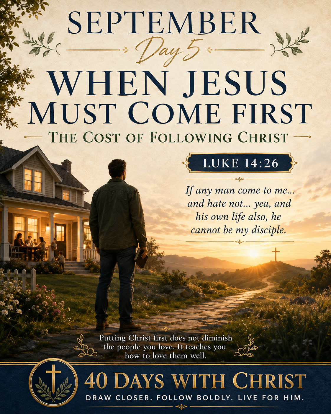 : A man stands between a warmly lit family home and a sunrise path leading toward a cross, illustrating the call to put Jesus first.