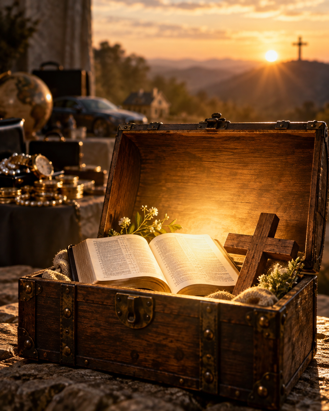 An open wooden treasure chest filled not with gold or money, but with symbols of eternal Kingdom values such as an open Bible, a simple wooden cross, bread, and a helping hand, illuminated by warm heavenly light while ordinary possessions fade softly into the background. The image represents Jesus’ teaching in Matthew 6:19–21 about storing treasure in heaven.