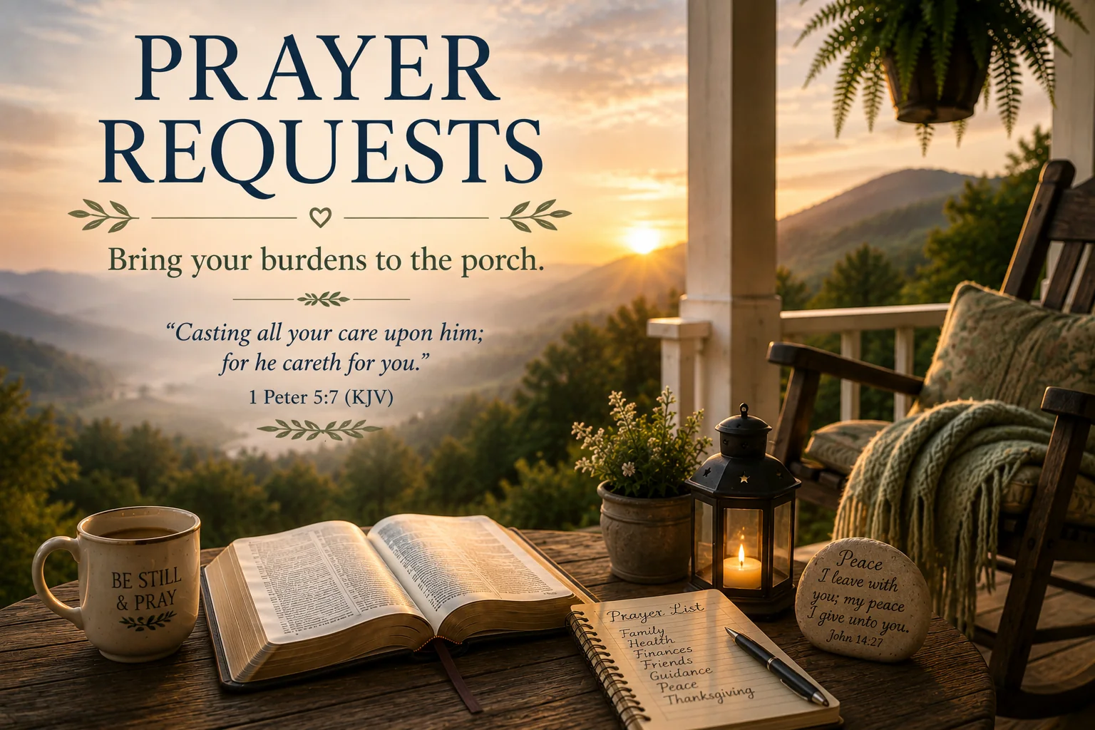 Prayer setting with an open Bible, prayer notebook, lantern, and rocking chair overlooking mountains.